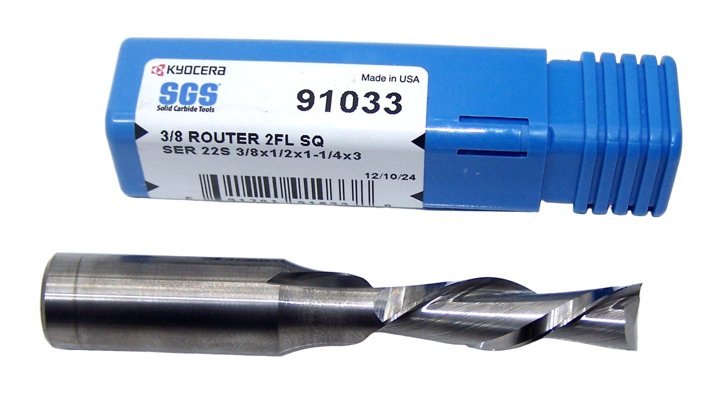 91033 SGS 3/8" Carbide 2 Flute Down Cut Router End Mill .375" Diameter 1.25" Flute 3.00" Length .500" Shank