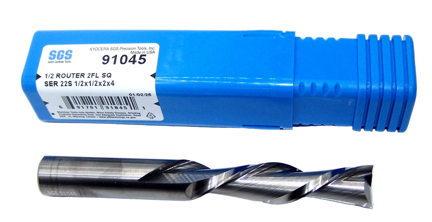 91045 SGS 1/2" Carbide 2 Flute Down Cut Router End Mill .500" Diameter 2.00" Flute 4.00" Length .500" Shank