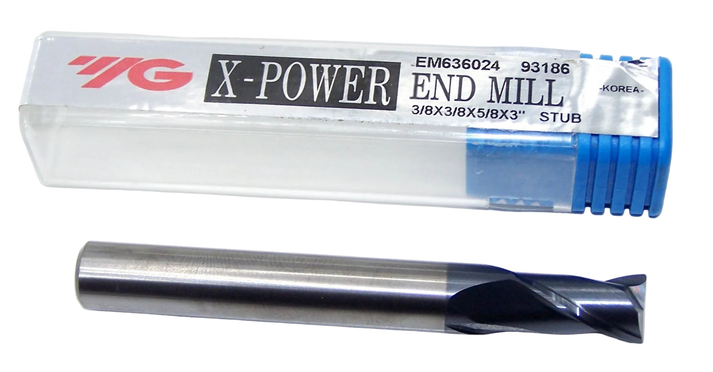 93186 YG1 3/8" Carbide 2 Flute End Mill X-Power for Hard Materials .020" Radius .375" Diameter 0.625" Flute 3.00" Length .375" Shank Stub