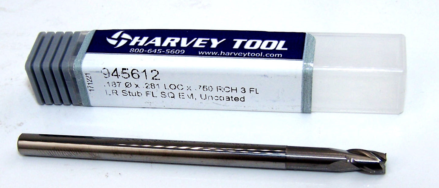 945612 Harvey Tool .1875" Carbide 3 Flute End Mill .750" Extended Reach .1875" Diameter 0.281" Flute 3.0" Length 0.1875" Shank