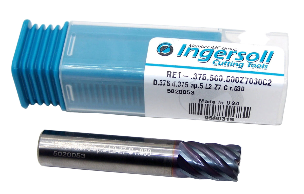 RE1-.375.500.500Z7030C2 Ingersoll 3/8" Carbide 7 Flute End Mill .030" Radius AlTiN Coated .375" Diameter .500" Flute 2.50" Length .250" Shank RhinoRound (9590318)