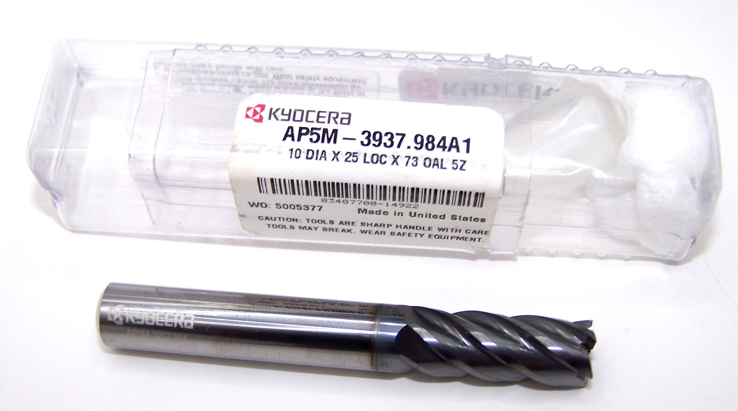 AP5M-3937.984A1 Kyocera 10mm Carbide 5 Flute End Mill .016" Radius AlCrN Coat .3937" Diameter 1.00" Flute 2.87" Length .394" Shank