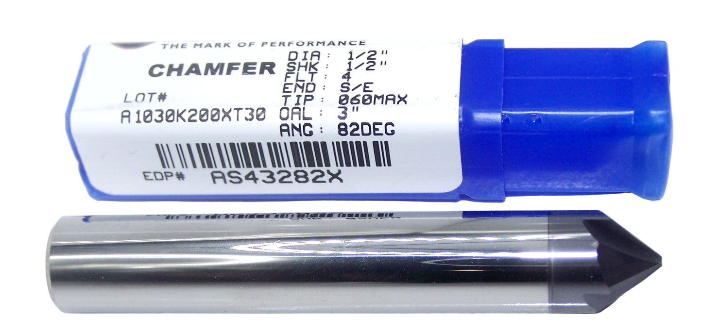 AS43282X Destiny Tool 82° Carbide Carbide Chamfer 4 Flute TiAlN Coated .060" Tip .500" Diameter 3.00" Length .500" Shank