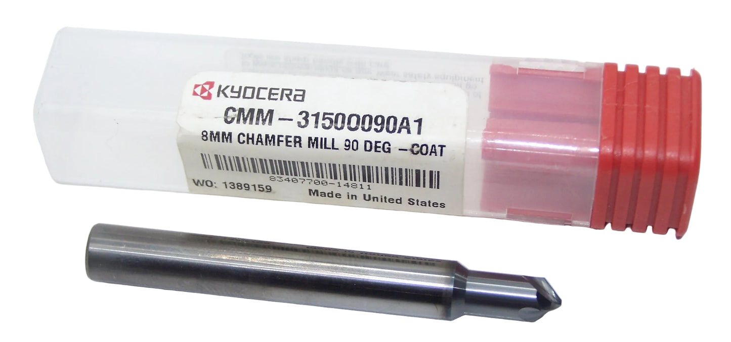 CMM-3150O090 Kyocera 8.00mm Carbide 90° Chamfer Mill AlTiN Coated 0.3150" Diameter 0.1575" Flute 2.32" Length 0.3150" Shank