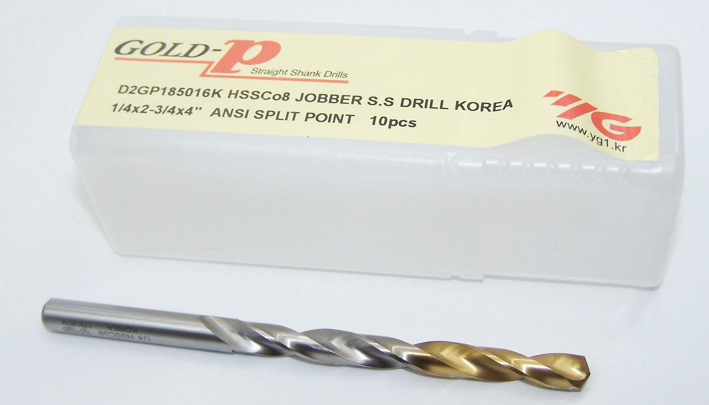 YG-1 D2GP185016 Gold-P HSS-Co8 Cobalt Jobber Drill Bit, 1/4" Dia, 135° Split Point, TiN Coated