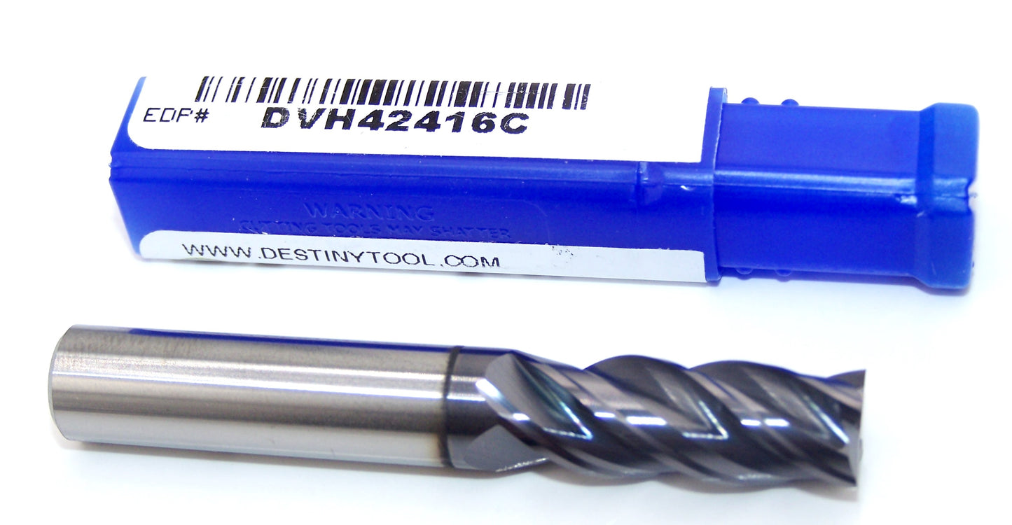 DVH42416C Destiny Tool 3/8" Carbide 4 Flute End Mill Square TiAlN .3750" Diameter 1.00" Flute 2.50" Length .375" Shank