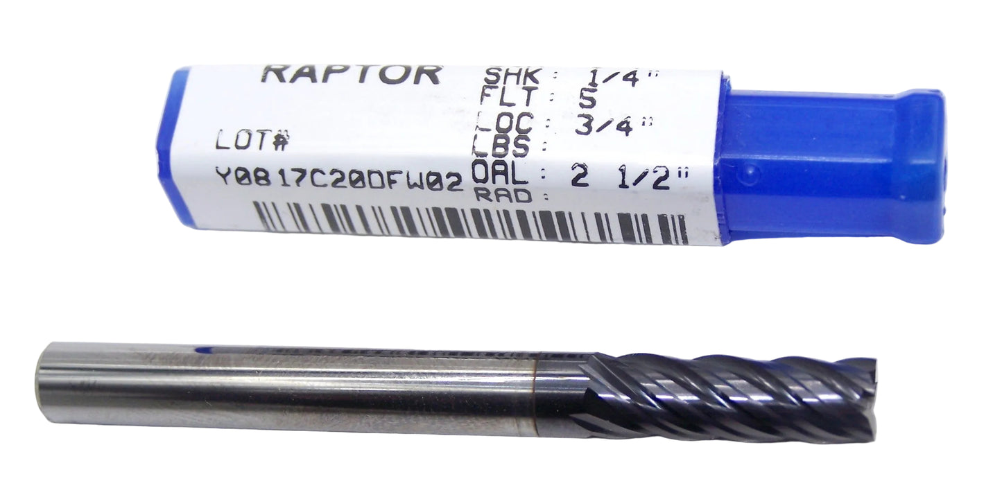 DVH51612C Destiny Tool 1/4" Carbide 5 Flute End Mill SQ TiAlN .250" Diameter .750" Flute 2.50" Length .250" Shank