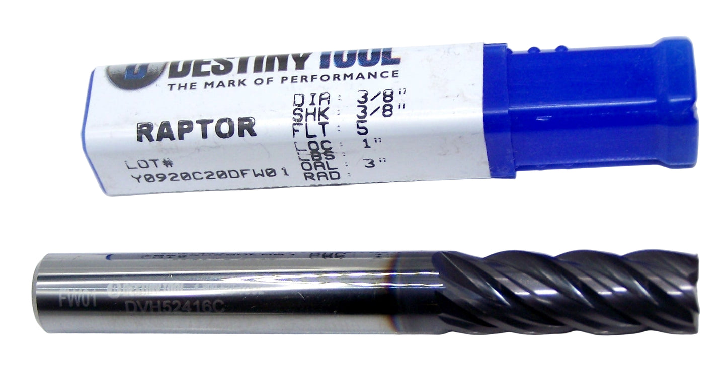 DVH52416C Destiny Tool 3/8" Carbide 5 Flute End Mill Square TiAlN .375" Diameter 1.00" Flute 3.00" Length .375" Shank