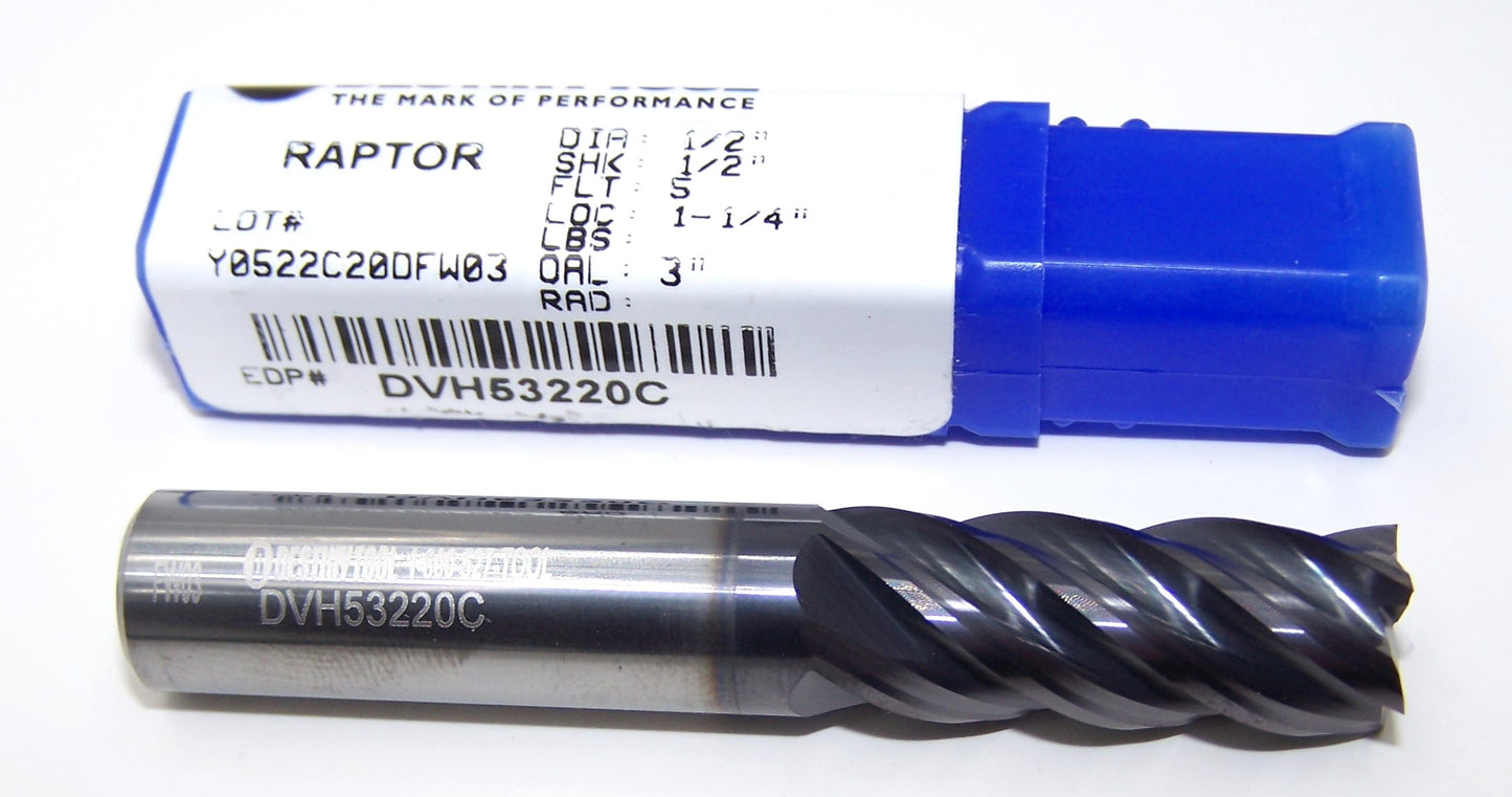 DVH53220C Destiny Tool 1/2" Carbide 5 Flute End Mill Square TiAlN .500" Diameter 1.25" Flute 3.00" Length .500" Shank