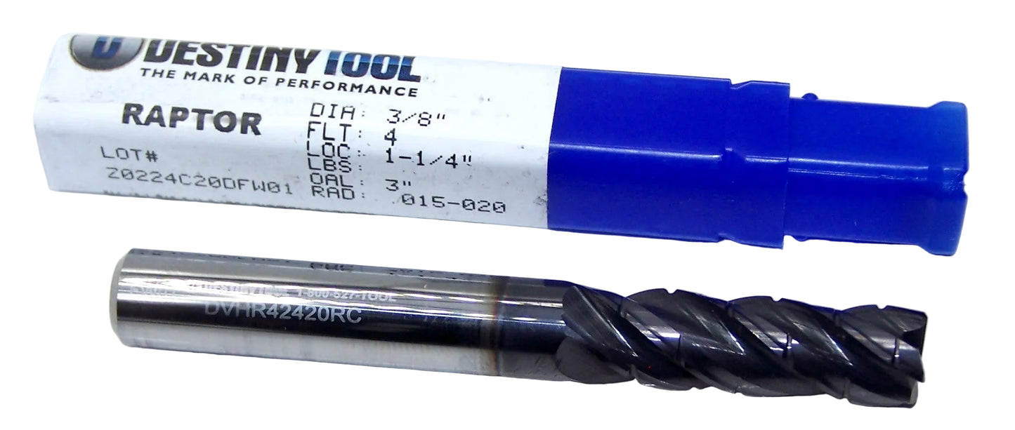 DVHR42420RC Destiny Tool 3/8" Carbide 4 Flute End Mill Rougher .020" Radius TiAlN .3750" Diameter 1.25" Flute 3.00" Length .375" Shank