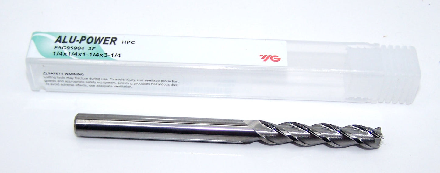 E5G95904 YG1 1/4" Carbide 3 Flute End Mill ALU-POWER HPC for Aluminum .250" Diameter 1.25" Flute 3.25" Length 250" Shank