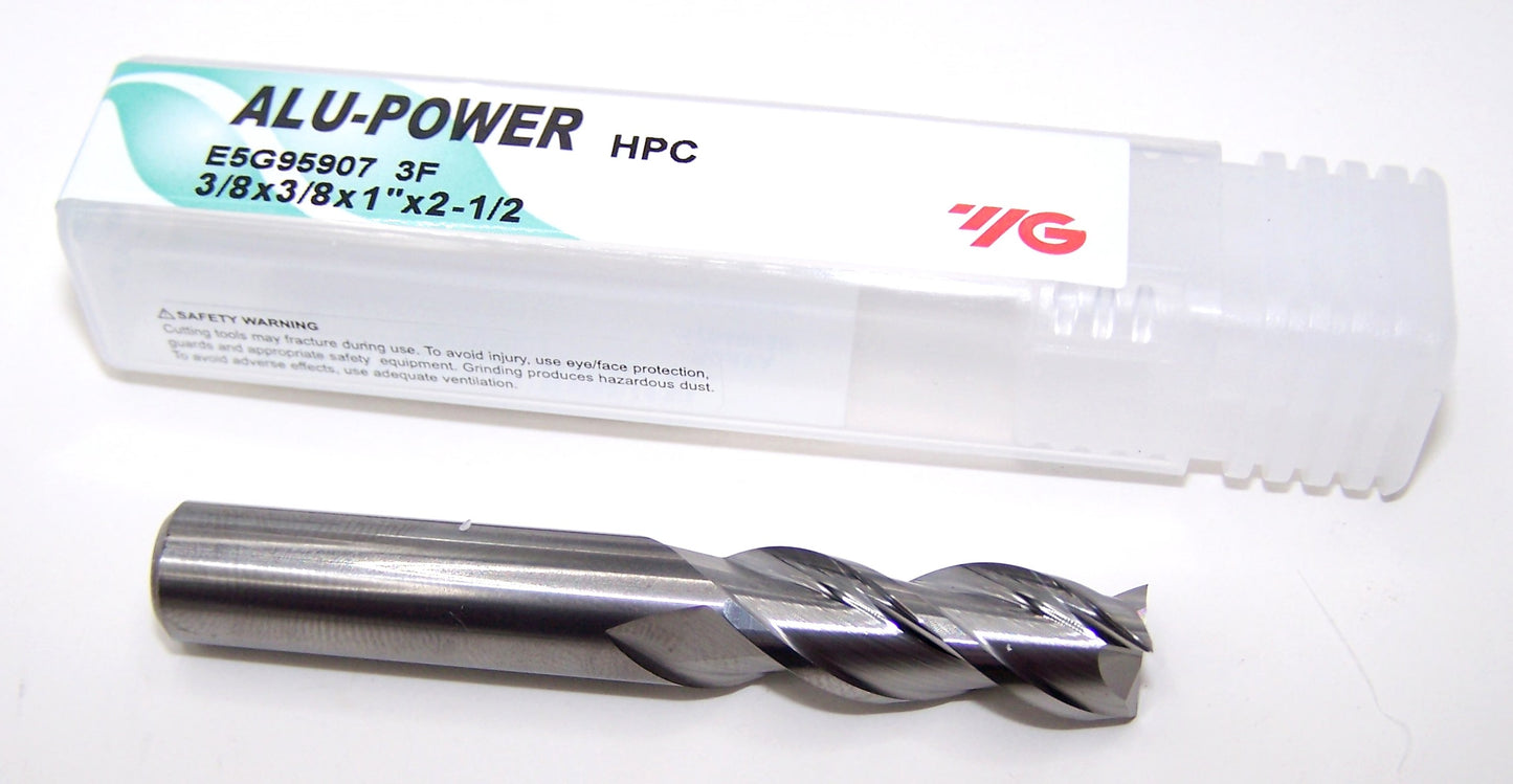 E5G95907 YG1 3/8" Carbide 3 Flute End Mill ALU-POWER HPC for Aluminum .375" Diameter 1.00" Flute 2.50" Length .375" Shank