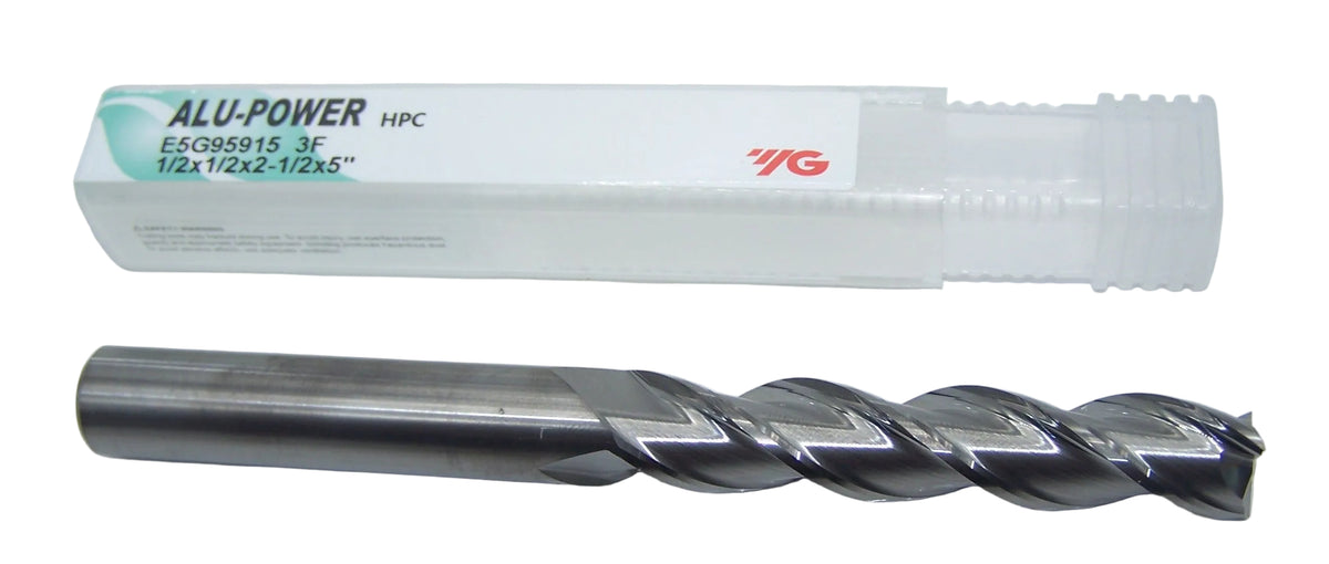 E5G95915 YG1 1/2" Carbide 3 Flute End Mill ALU-POWER HPC for Aluminum .500" Diameter 2.50" Flute 5.0" Length .500" Shank