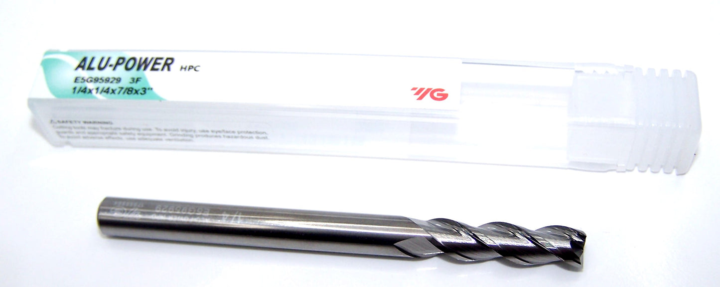 E5G95929 YG1 1/4" Carbide 3 Flute End Mill ALU-POWER HPC for Aluminum .250" Diameter 0.875" Flute 3.00" Length .250" Shank