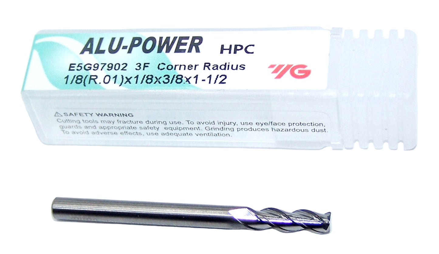 E5G97902 YG1 1/8" Carbide 3 Flute End Mill ALU-POWER HPC for Aluminum .010" Radius .1250" Diameter .375" Flute 1.50" OAL .125" Shank