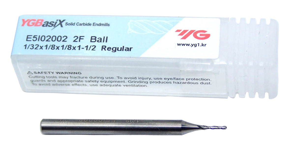 E5I02002 YG1  1/32" Carbide 2 Flute End Mill Ball End  .0312" Diameter .125" Flute 1.50" Length .125" Shank