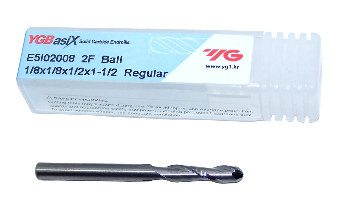 E5I02008 YG1  1/8" Carbide 2 Flute End Mill Ball End  .1250" Diameter .500" Flute 1.50" Length .125" Shank