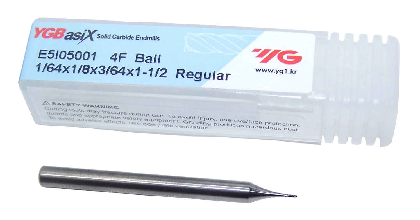 E5I05001 YG1  1/64" Carbide 4 Flute End Mill Ball End  .0156" Diameter .047" Flute 1.50" Length .125" Shank