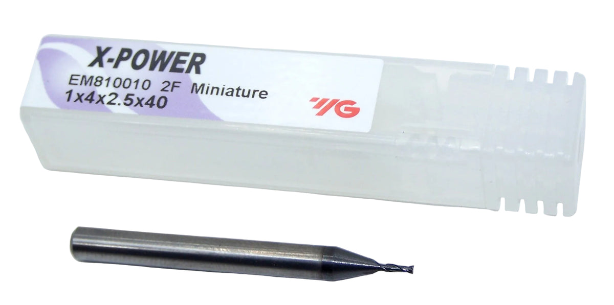 EM810010 YG1 1.00mm Carbide 2 Flute End Mill SQ AlTiN  .0394" Diameter .098" Flute  1.57" Length .157" Shank Miniature Metric