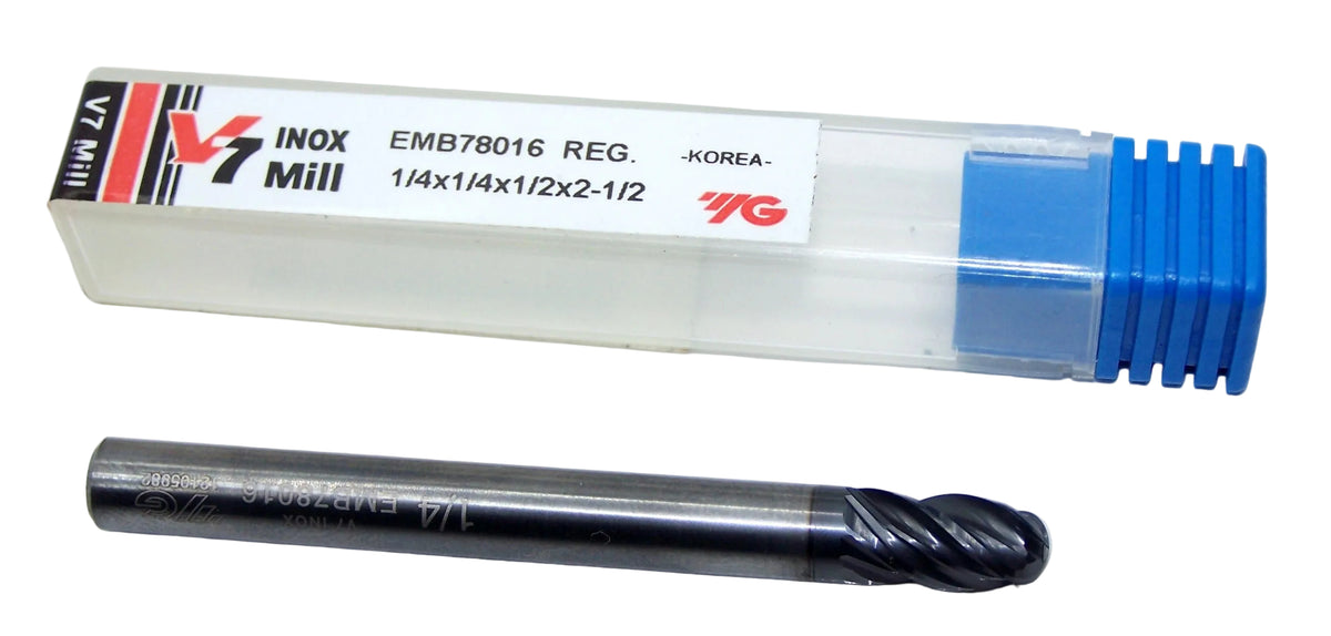 EMB78016 YG1  1/4" Carbide 4 Flute End Mill Ball End AlTiN Nano Coated .250" Diameter .500" Flute 2.50" Length .250" Shank V7 Mill INOX