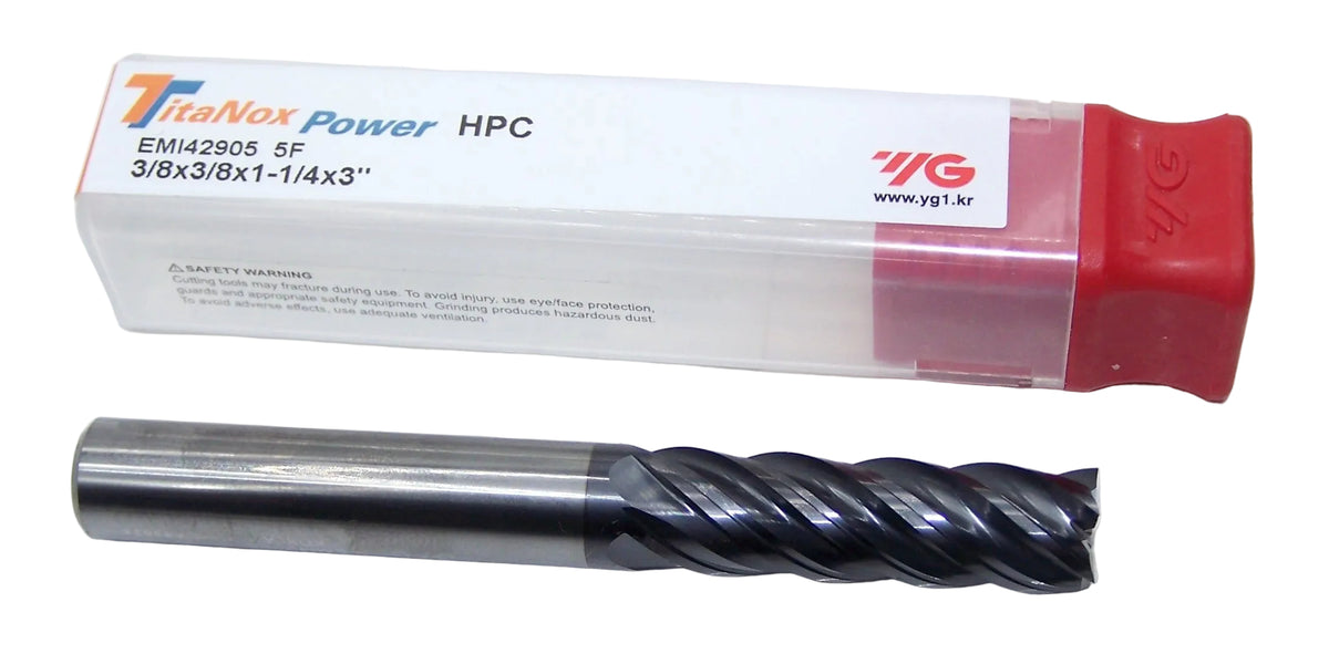 EMI42905 YG1 3/8" Carbide 5 Flute End Mill TitaNox Power HPC for Hard Materials Square End .375" Diameter 1.25" Flute 3.00" Length .375" Shank