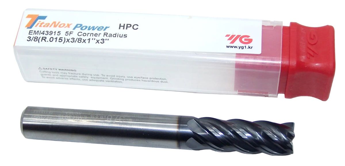 EMI43915 YG1 3/8" Carbide 5 Flute End Mill TitaNox Power HPC for Hard Materials .015" Radius .375" Diameter 1.00" Flute 3.00" Length .375" Shank