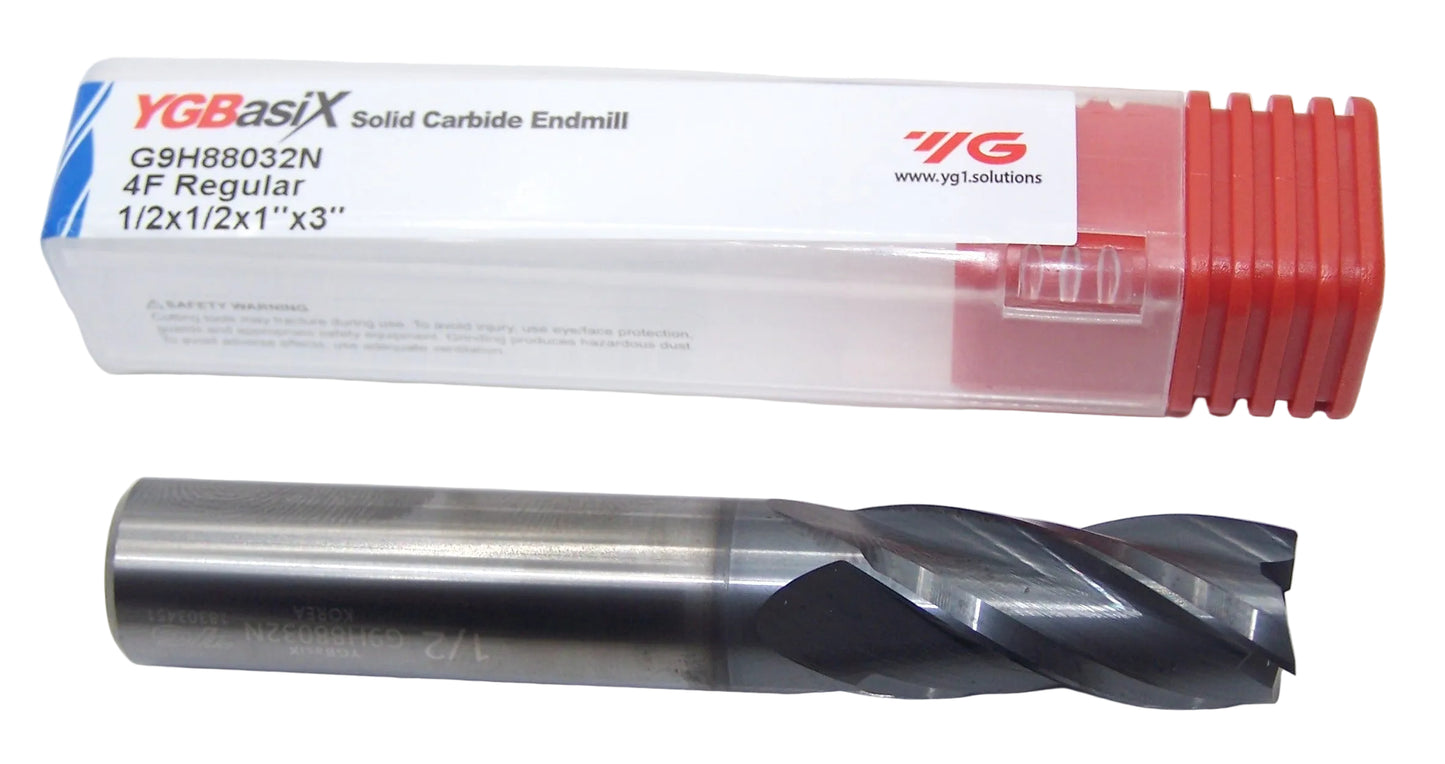 G9H88032N YG1 1/2" Carbide 4 Flute End Mill AlTiN Coating  SQ .5000" Diameter 1.00" Flute 3.00" Length .500" Shank YGBasix