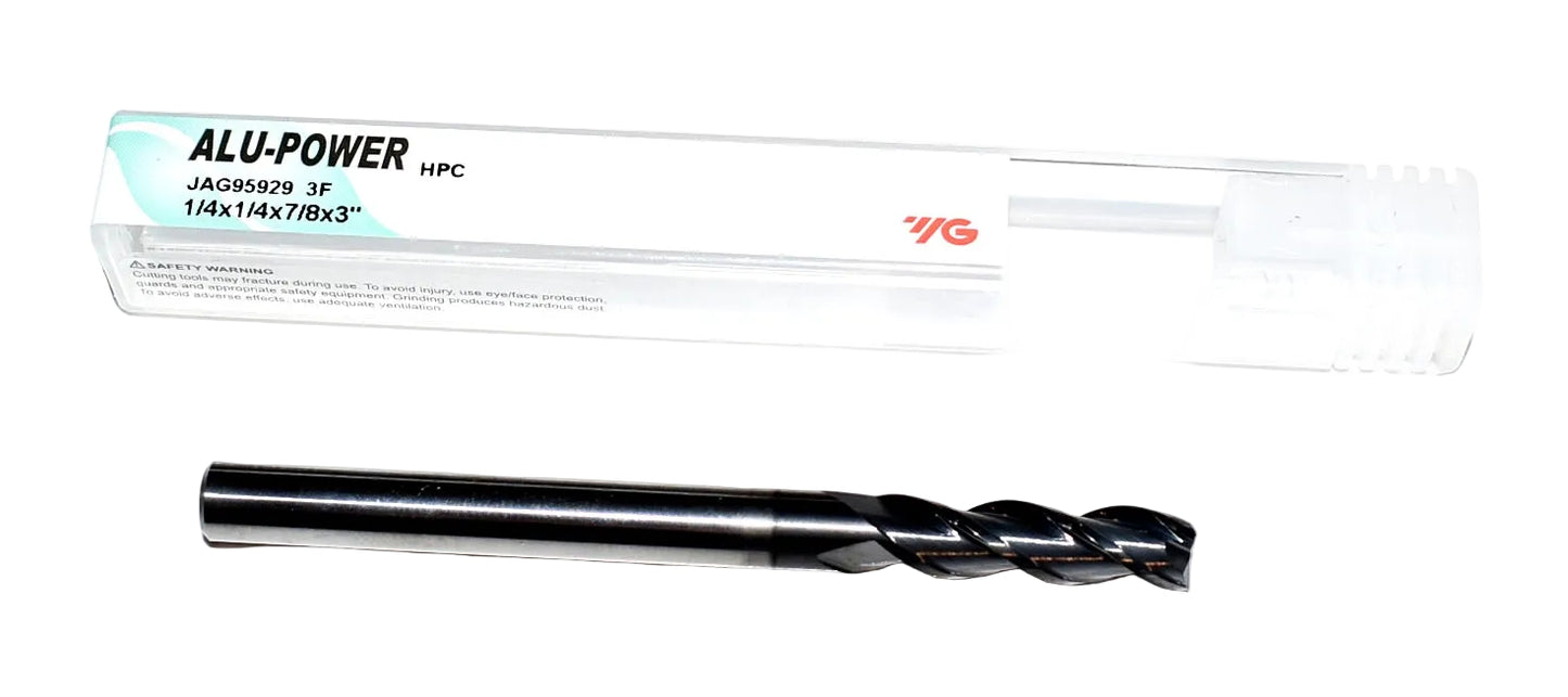 JAG95929 YG1 1/4" Carbide 3 Flute End Mill ALU-POWER HPS Square for Aluminum .250" Diameter .875" Flute 3.00" OAL .250" Shank