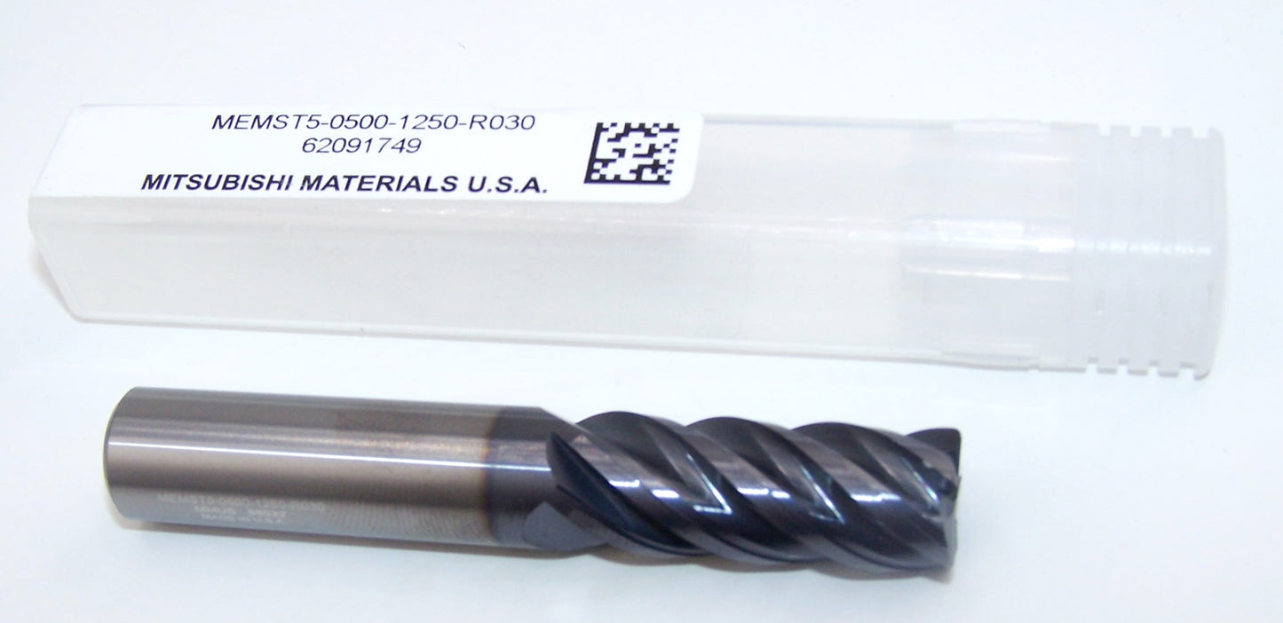 MEMST5-0500-1250-R030 Mitsubishi 1/2" Carbide 5 Flute End Mill .030" End Radius TiAlN .500" Diameter 1.25" Flute 3.00" Length .500" Shank