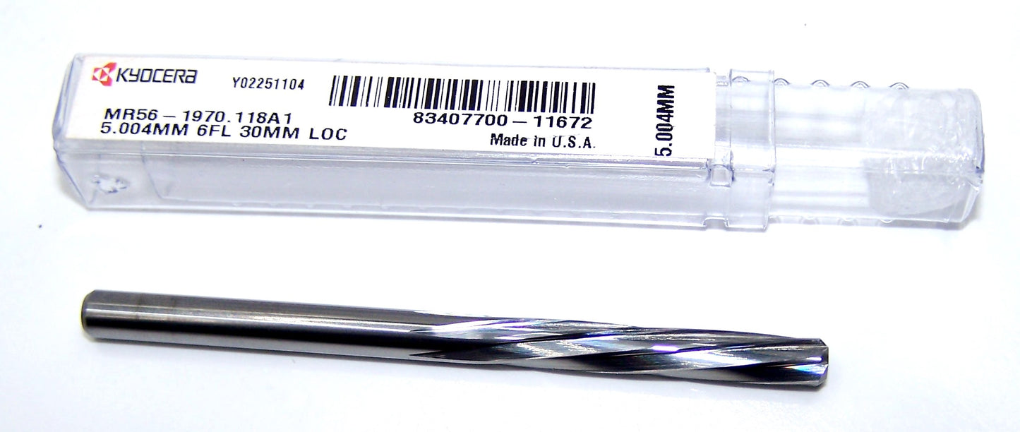 MR56-1970.118A1 Kyocera 5.004mm Carbide 6 Flute Reamer 1.18" Reach .1970" Diameter 1.18" Flute 2.95" Length .197" Shank