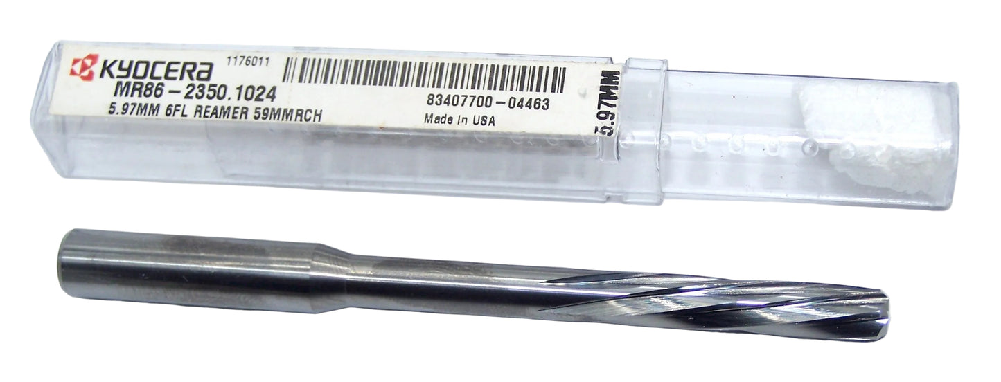 MR86-2350.1024 Kyocera 5.97mm Carbide 6 Flute Reamer 2.323" Reach 0.2350" Diameter 1.024" Flute 3.66" Length 0.3150" Shank