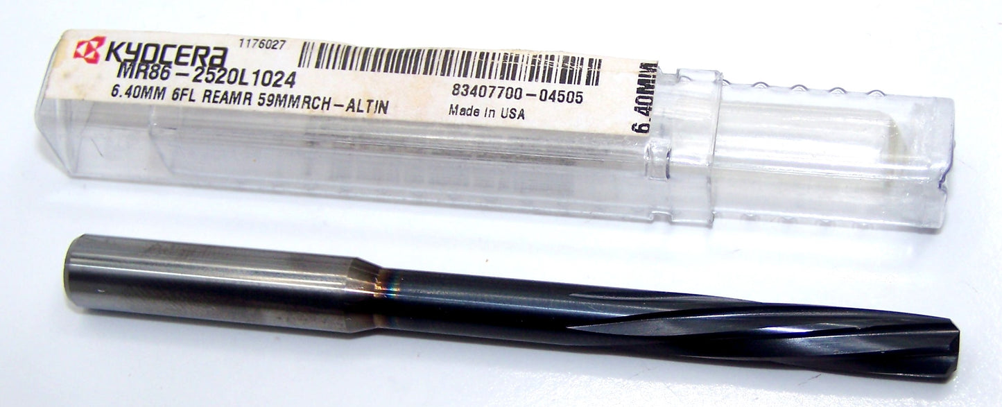 MR86-2520L1024 Kyocera 6.40mm Carbide 6 Flute Reamer ALTiN Coated 2.32" Reach 0.2520" Diameter 1.024" Flute 3.66" Length 0.3150" Shank