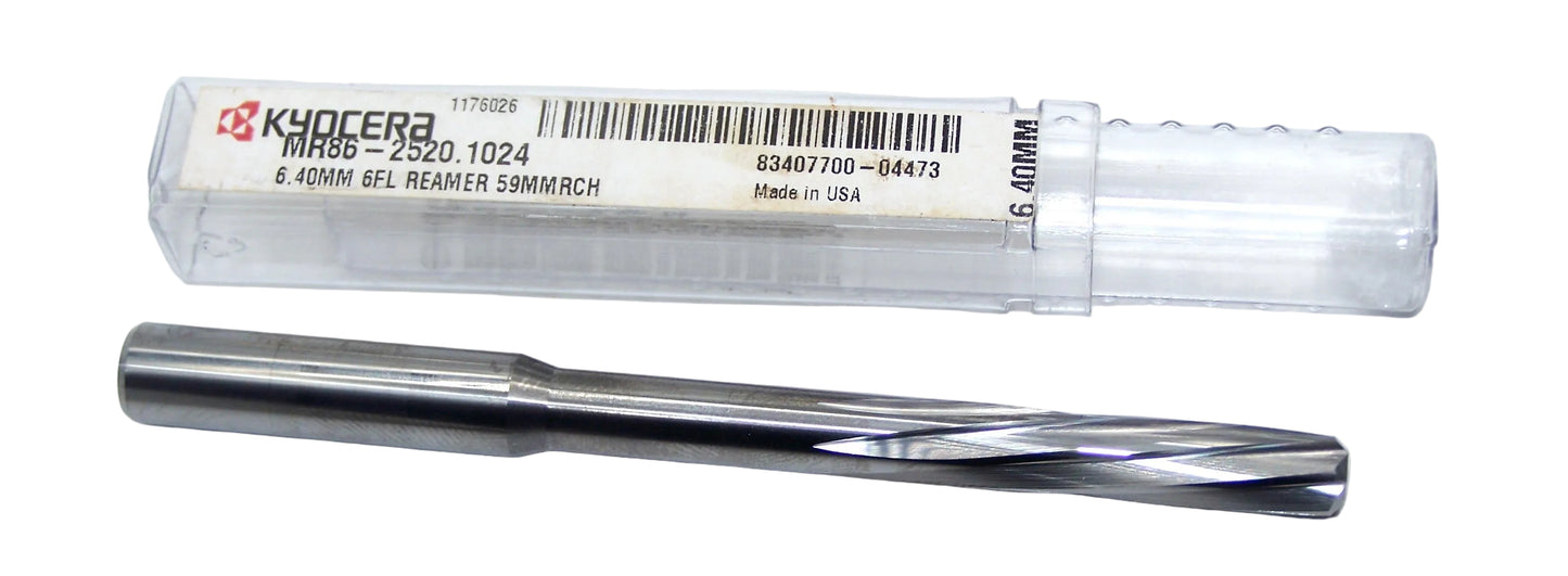 MR86-2520.1024 Kyocera 6.40mm Carbide 6 Flute Reamer 2.32"Reach 0.2520" Diameter 1.024" Flute 3.66" Length 0.3150" Shank