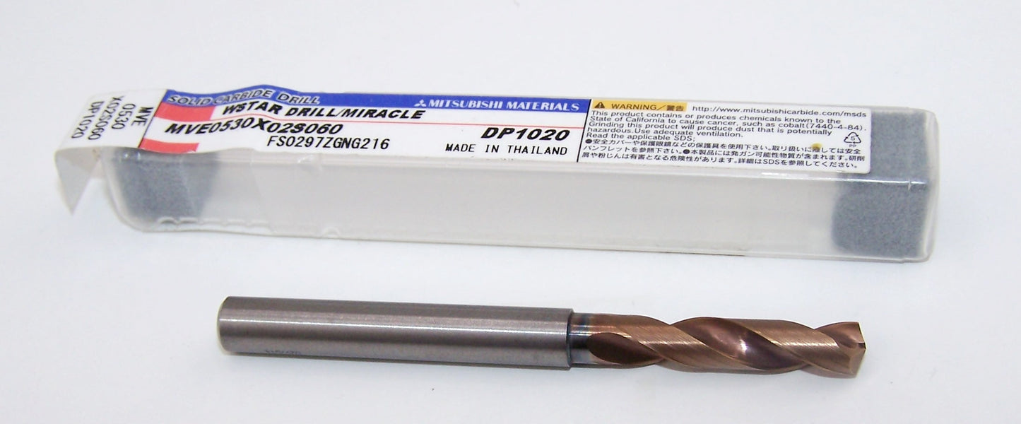 MVE0530X02S060 Mitsubishi Carbide 5.30mm Carbide Drill 2 Flute External Coolant .2087" Diameter 1.063" Flute 2.638" Length .236" Shank 140° Point