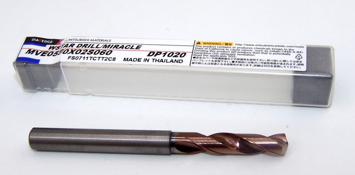 MVE0550X02S060 Mitsubishi Carbide 5.50mm Carbide Drill 2 Flute External Coolant .2165" Diameter 1.063" Flute 2.367" Length .236" Shank 140° Point