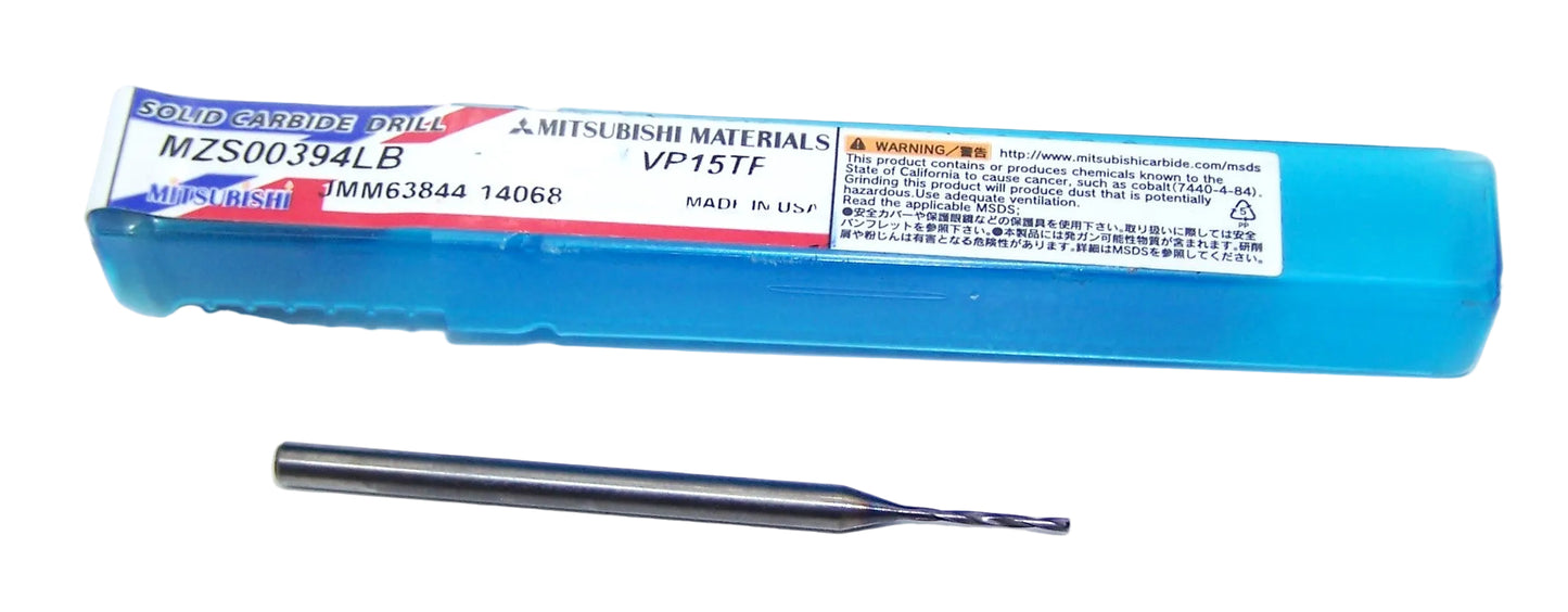 MZS00394LB VP15TF Mitsubishi Carbide 1.00mm Carbide Through Coolant Drill 2 Flute .0394" Diameter .433" Flute 2.165" Length .125" Shank 140° Point