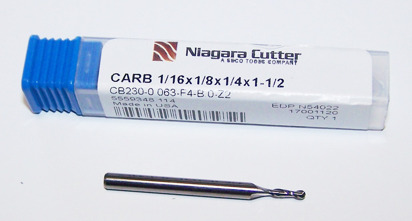 N54022 Niagara 1/16" Carbide 2 Flute End Mill Ball End 0.0630" Diameter .250" Flute 1.50" Length .125" Shank