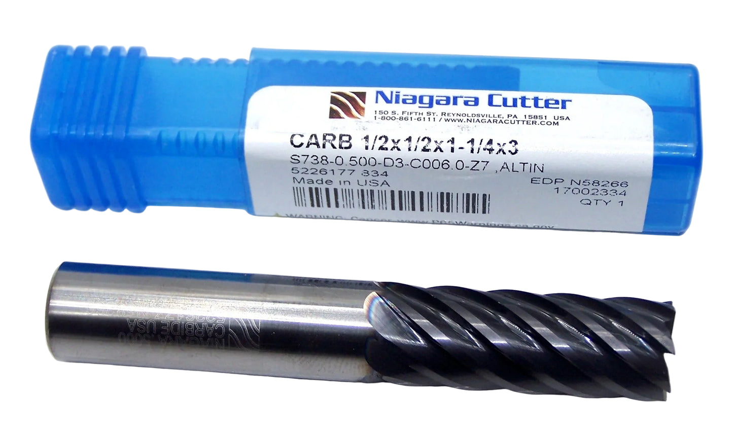 N58266 Niagara 1/2" Carbide 7 Flute End Mill Chamfer End AlTiN .500" Diameter 1.25" Flute 3.00" Length .500" Shank