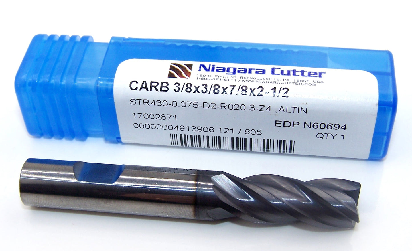 N60694 Niagara 3/8" Carbide 4 Flute End Mill .020" Radius AlTiN .375" Diameter 0.875" Flute 2.50" Length .375" Shank