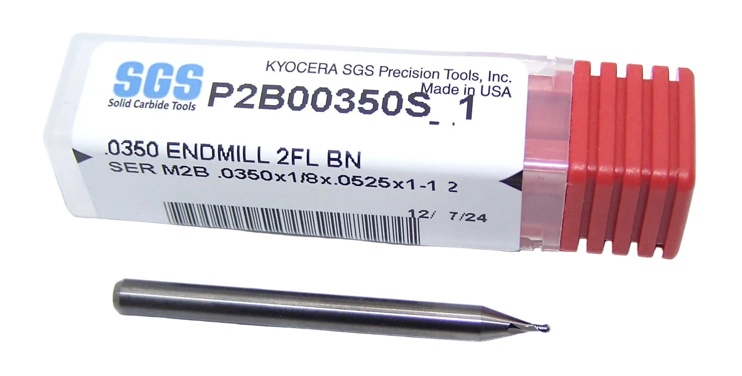 P2B00350S_1 Kyocera SGS .0350" Carbide 2 Flute End Mill Ball End 0.0350" Diameter 0625" Flute 1.50" Length .125" Shank