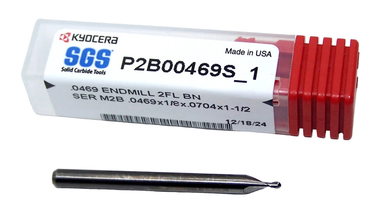 P2B00469S_1 Kyocera SGS 3/64" Carbide 2 Flute End Mill Ball End 0.0469" Diameter .070" Flute 1.50" Length .125" Shank