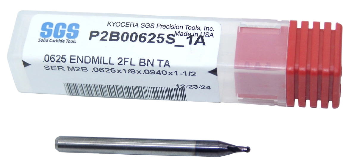 P2B00625S_1A Kyocera SGS 1/16" Carbide 2 Flute End Mill Ball End 0.0625" Diameter .625" Flute 1.50" Length .125" Shank