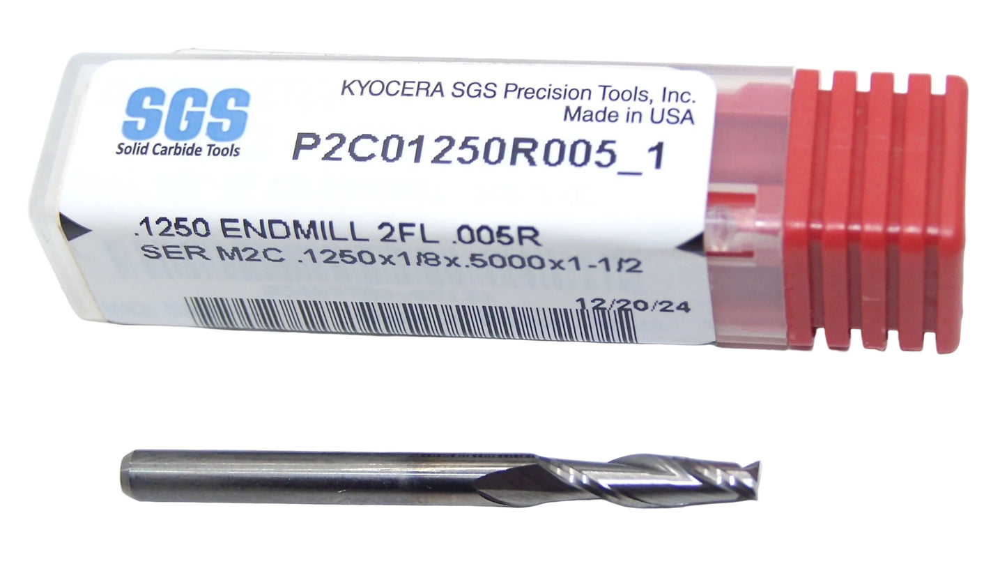 P2C01250R005_1 Kyocera SGS 1/8" Carbide 2 Flute End Mill .005" Radius End 0.125" Diameter 0.500" Flute 1.50" Length .125" Shank