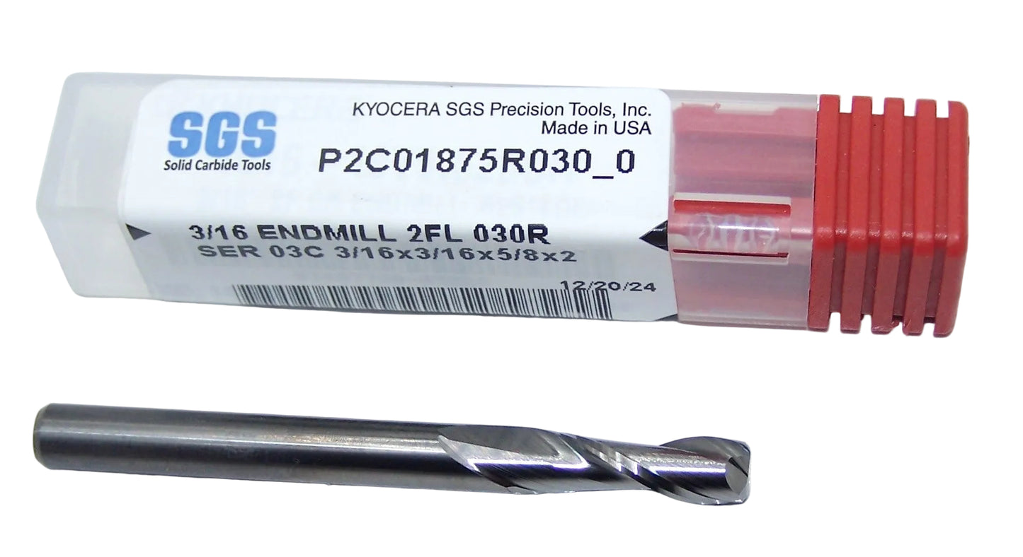 P2C01875R030_0 Kyocera SGS 3/16" Carbide 2 Flute End Mill .030" Radius End 0.1875" Diameter 0.625" Flute 2.00" Length .1875" Shank