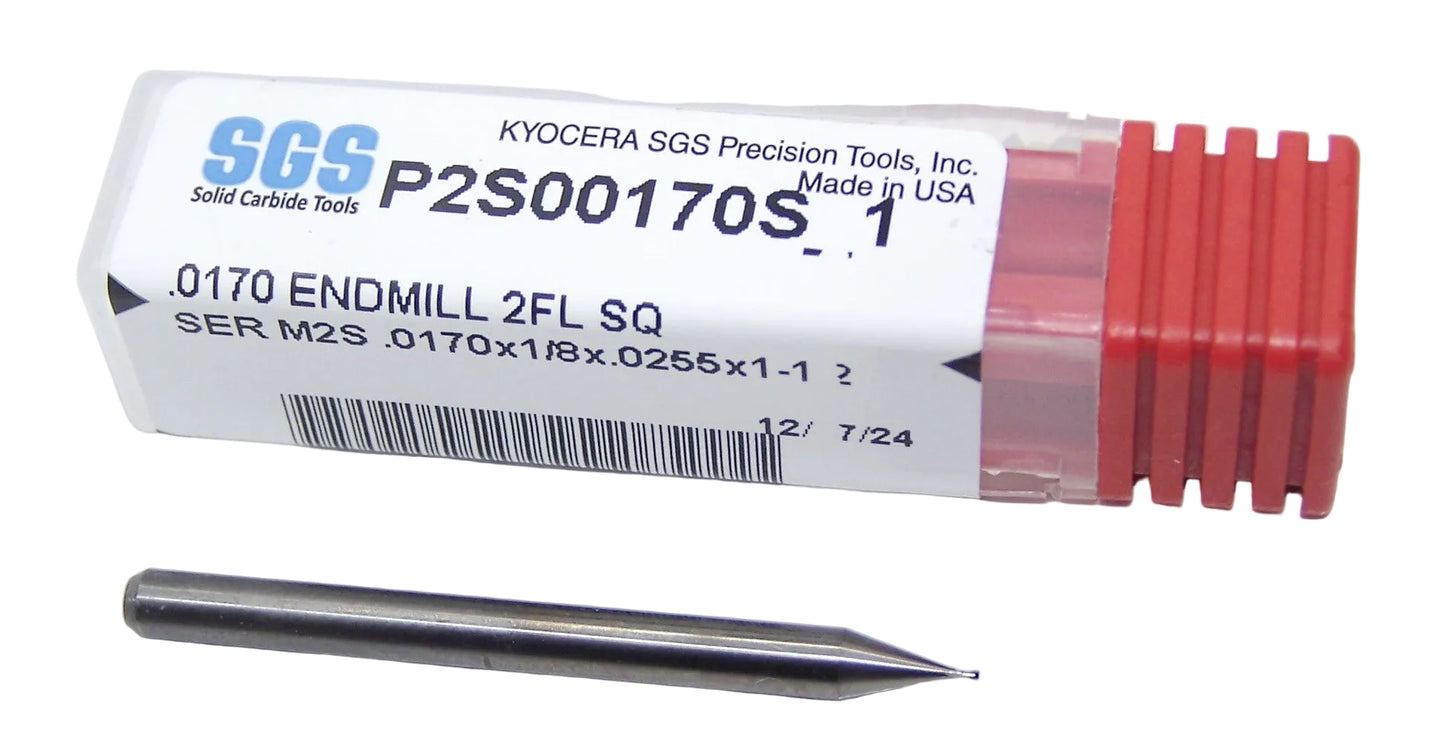 P2S00170S_1 Kyocera SGS .0170" Carbide 2 Flute End Mill Square End 0.0170" Diameter 0.0256" Flute 1.50" Length .125" Shank