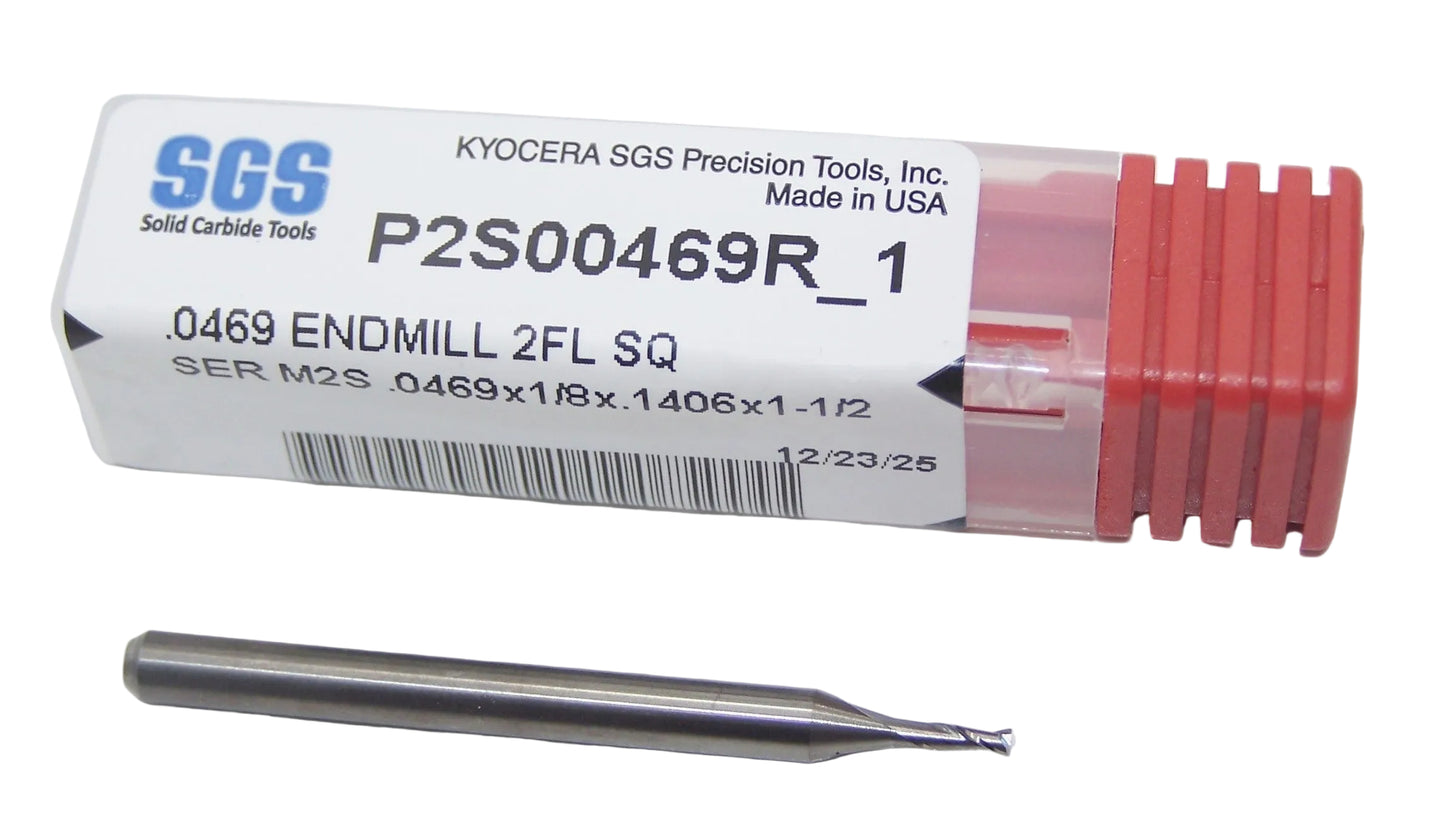 P2S00469R_1 Kyocera SGS 3/64" Carbide 2 Flute End Mill Square End 0.0469" Diameter 0.1406" Flute 1.50" Length .125" Shank