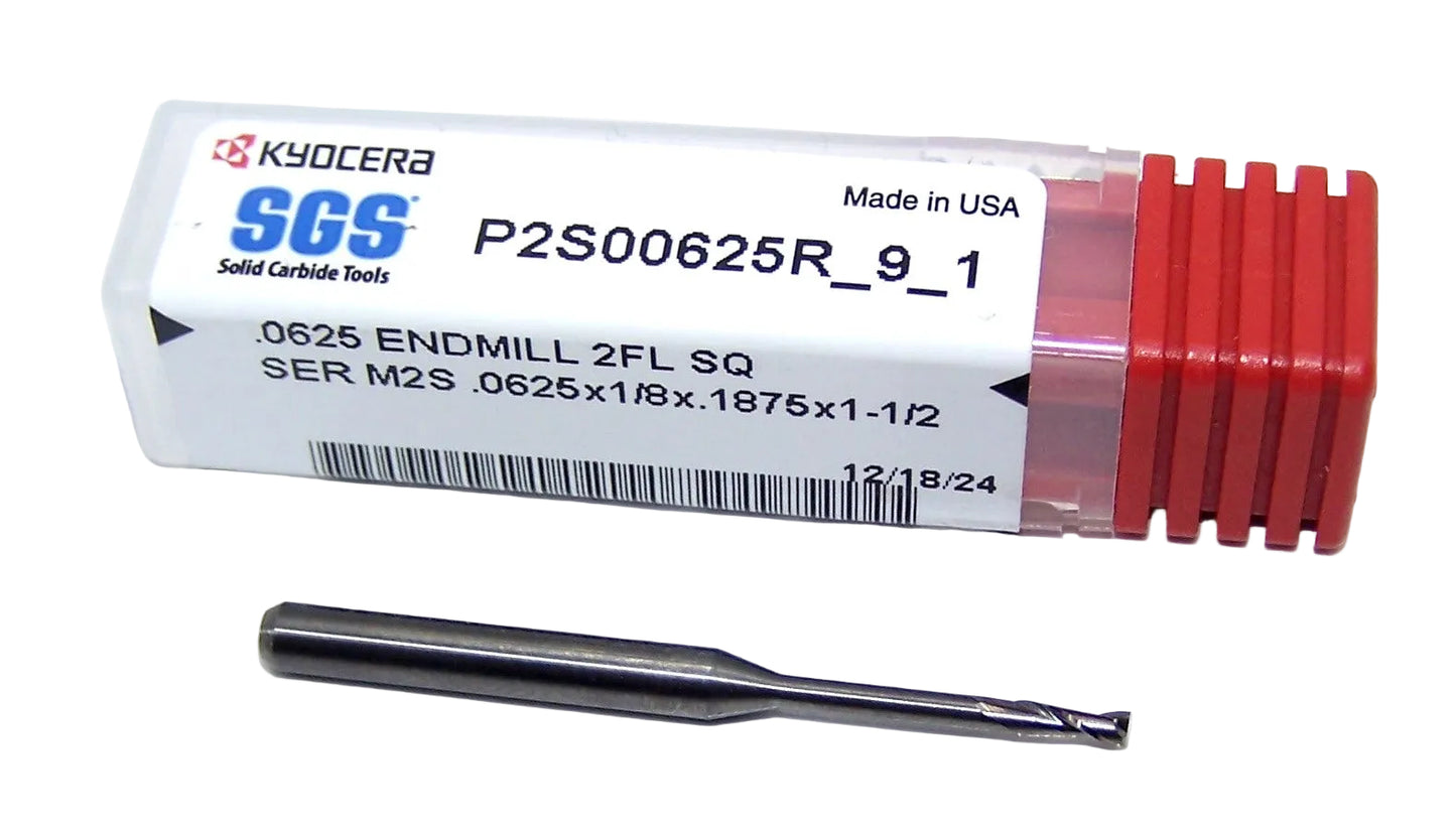 P2S00625R_9_1 Kyocera SGS 1/16" Carbide 2 Flute End Mill Square End 0.0625" Diameter 0.1875" Flute 1.50" Length .125" Shank