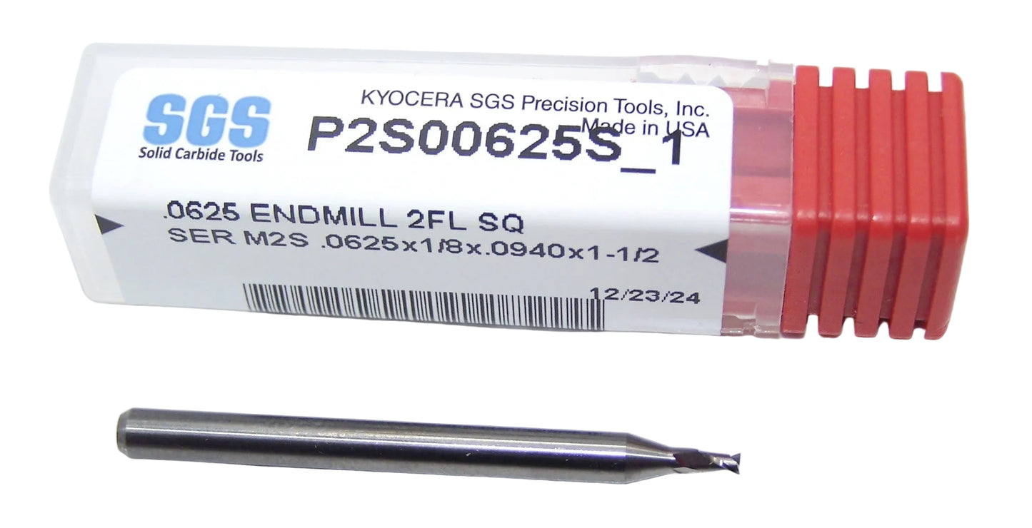 P2S00625S_1 Kyocera SGS 1/16" Carbide 2 Flute End Mill Square End 0.0625" Diameter 0.094" Flute 1.50" Length .125" Shank