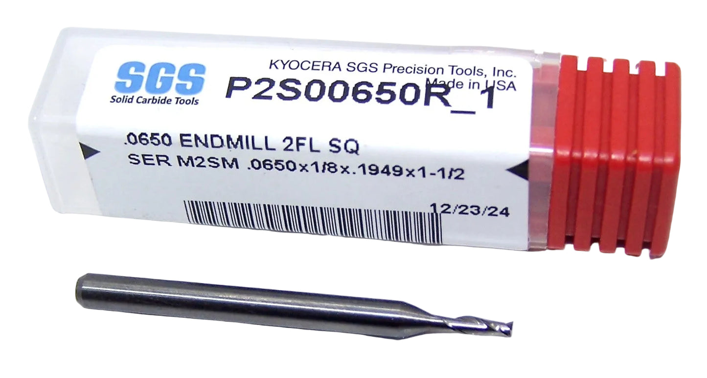 P2S00650R_1 Kyocera SGS .0650" Carbide 2 Flute End Mill Square End 0.0650 Diameter 0.195" Flute 1.50" Length .125" Shank