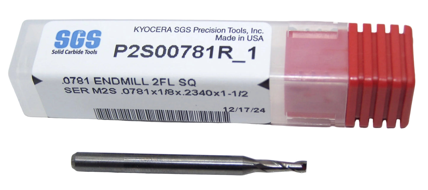 P2S00781R_1 Kyocera SGS 5/64" Carbide 2 Flute End Mill Square End 0.0781 Diameter 0.234" Flute 1.50" Length .125" Shank